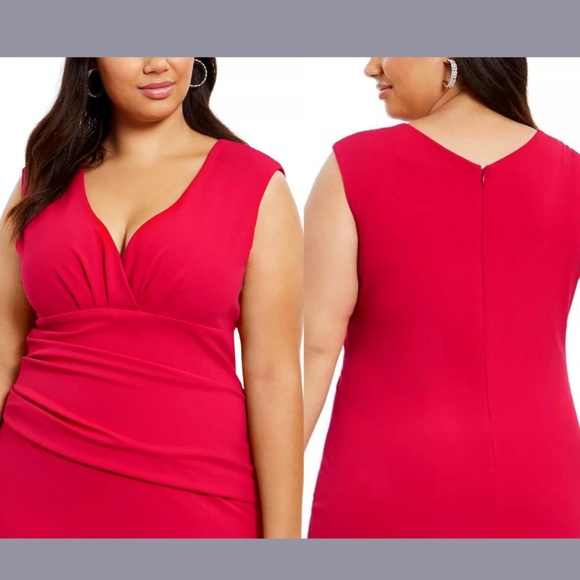 NWT Betsy & Adam [ PLUS size 22W‎ ] Sweetheart V Neck Ruched Gown Red - Picture 2 of 12